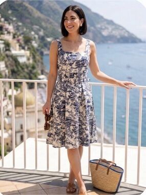 Made in Italy - Sleeveless Blue Toile A-Line Summer Dress